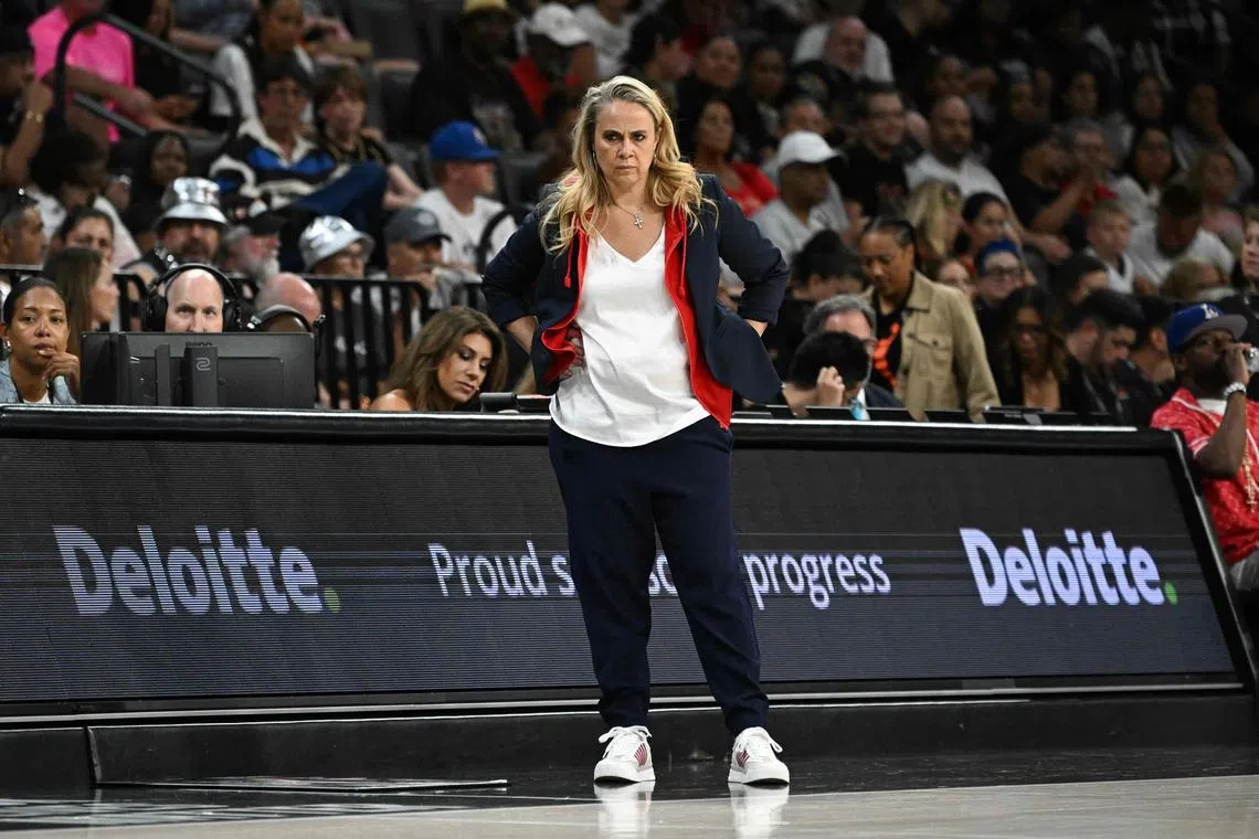 Coach Becky Hammon of the Las Vegas Aces looking on against the New York Liberty in the second half of their game at Michelob ULTRA Arena on Aug 17 in Las Vegas, Nevada.