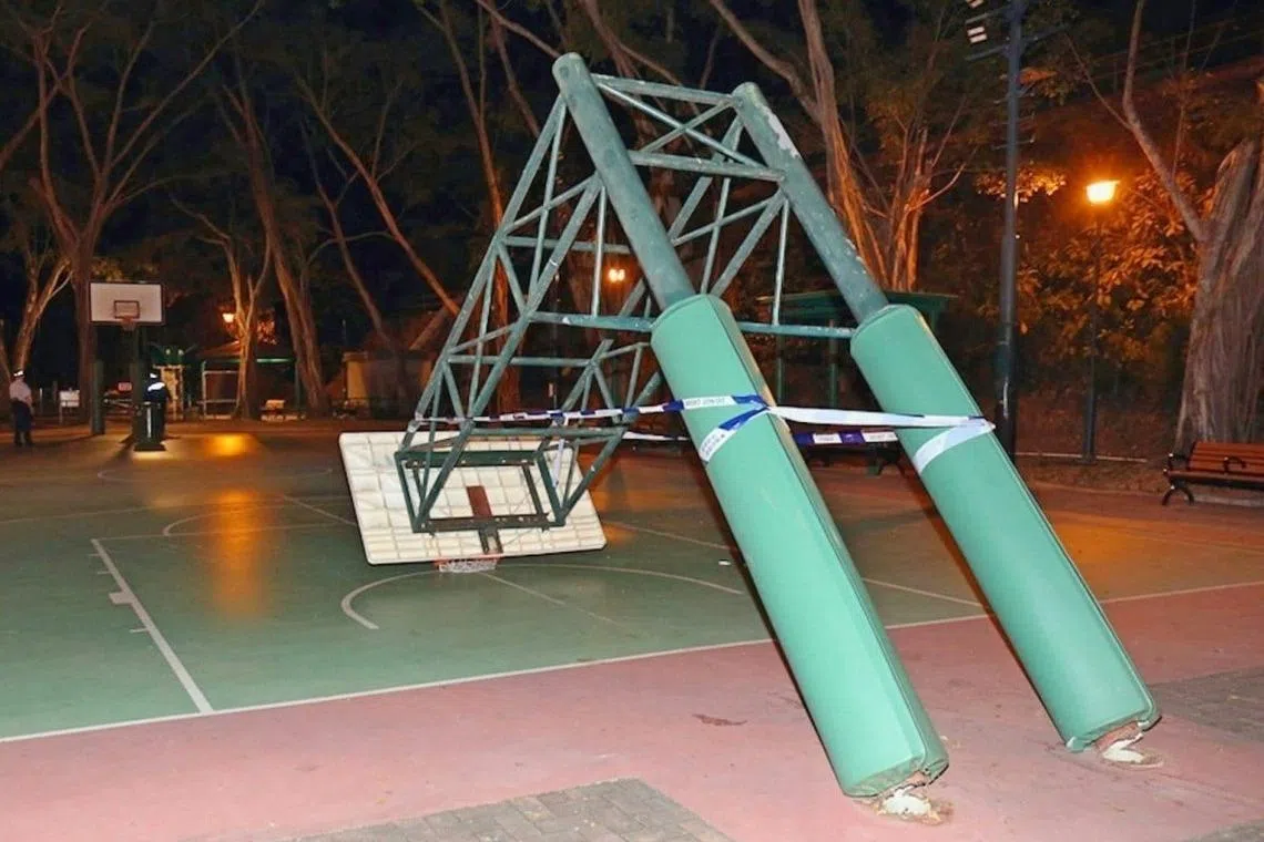 A man was injured after a basketball post toppled over and hit him at a court near a public housing estate in Hong Kong.