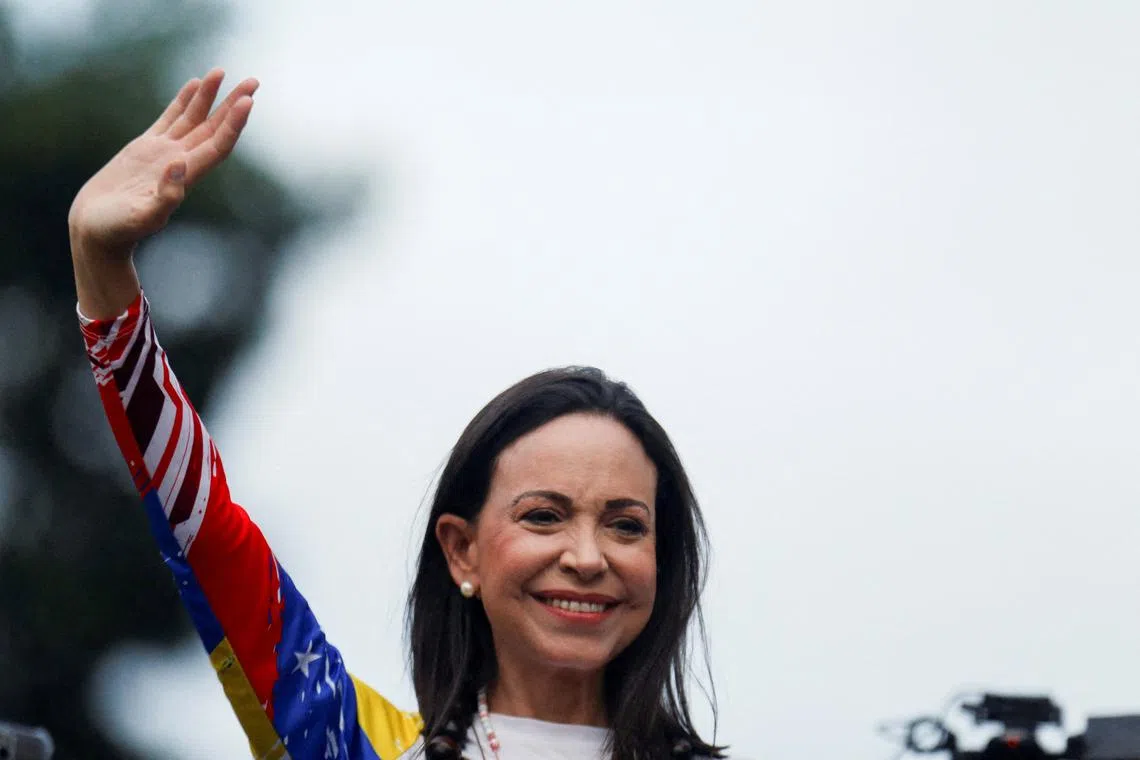 Venezuelan opposition leader Maria Corina Machado gestures during a presidential election campaign closing rally in Caracas, Venezuela, July 25, 2024. REUTERS/Leonardo Fernandez Viloria/File Photo