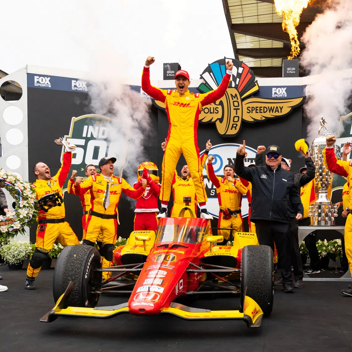 FILE PHOTO: May 25, 2025; Indianapolis, Indiana, USA; IndyCar Series driver Alex Palou celebrates after winning the 109th Running of the Indianapolis 500 at Indianapolis Motor Speedway. Mandatory Credit: Mark J. Rebilas-Imagn Images/File Photo