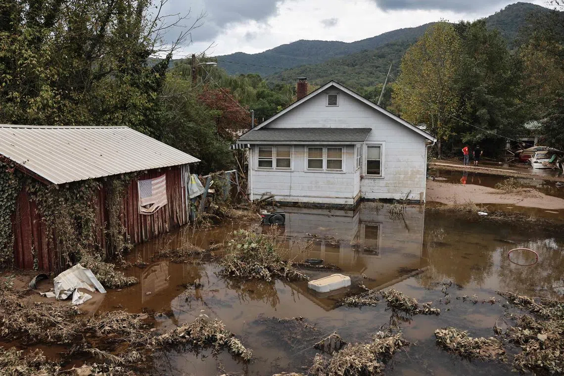 Floodwaters remaining from Hurricane Helene in Swannanoa, North Carolina, on Oct 4.
