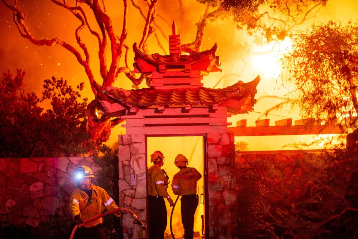 Firefighters battle the Palisades Fire as it burns during a windstorm on the west side of Los Angeles, on Jan 8.