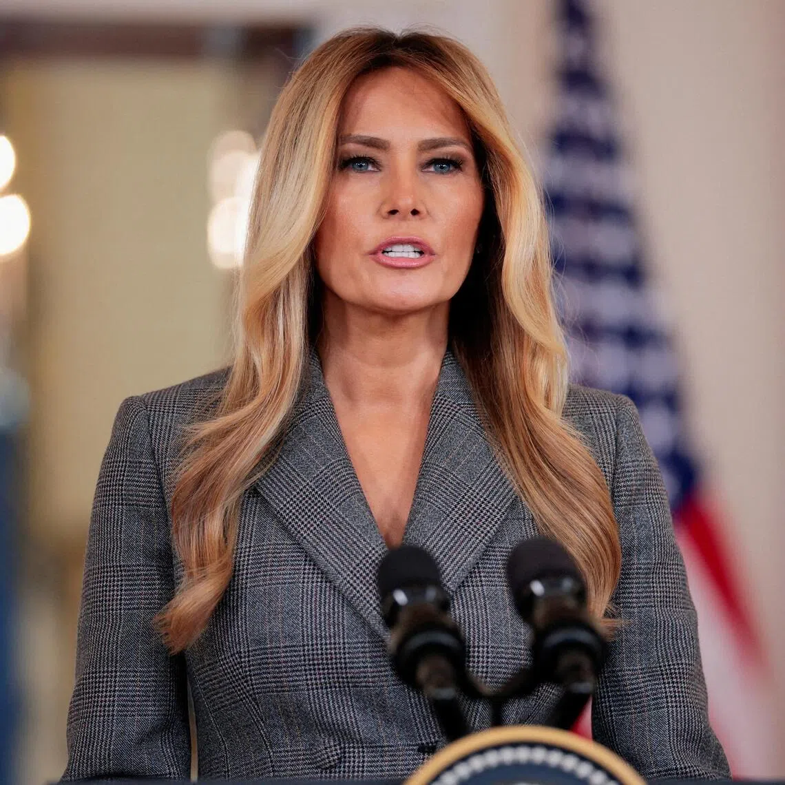 US First Lady Melania Trump delivering remarks regarding the late financier and convicted sex offender Jeffrey Epstein, at the White House in Washington, on April 9.