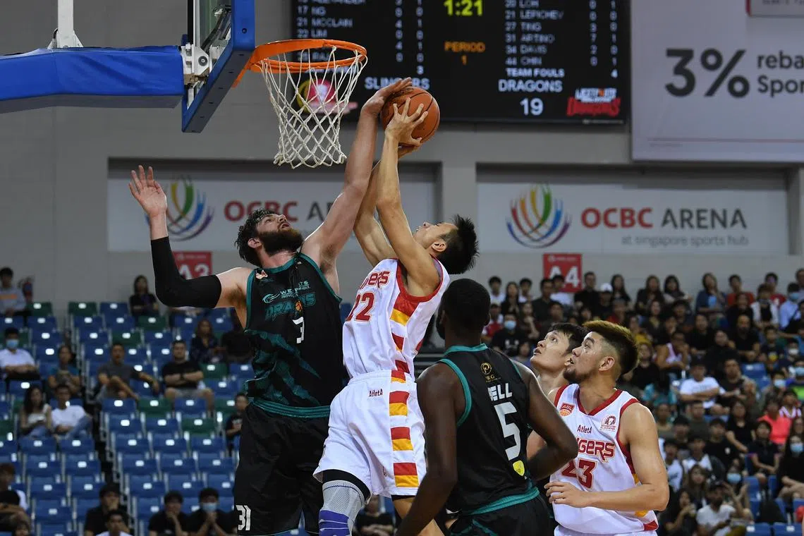 The now-dormant Singapore Slingers and Asean Basketball League generated buzz in the local basketball community, developed local players such as Kelvin Lim (with ball) and Delvin Goh, and helped the national team win bronze at the 2013 and 2015 SEA Gameas