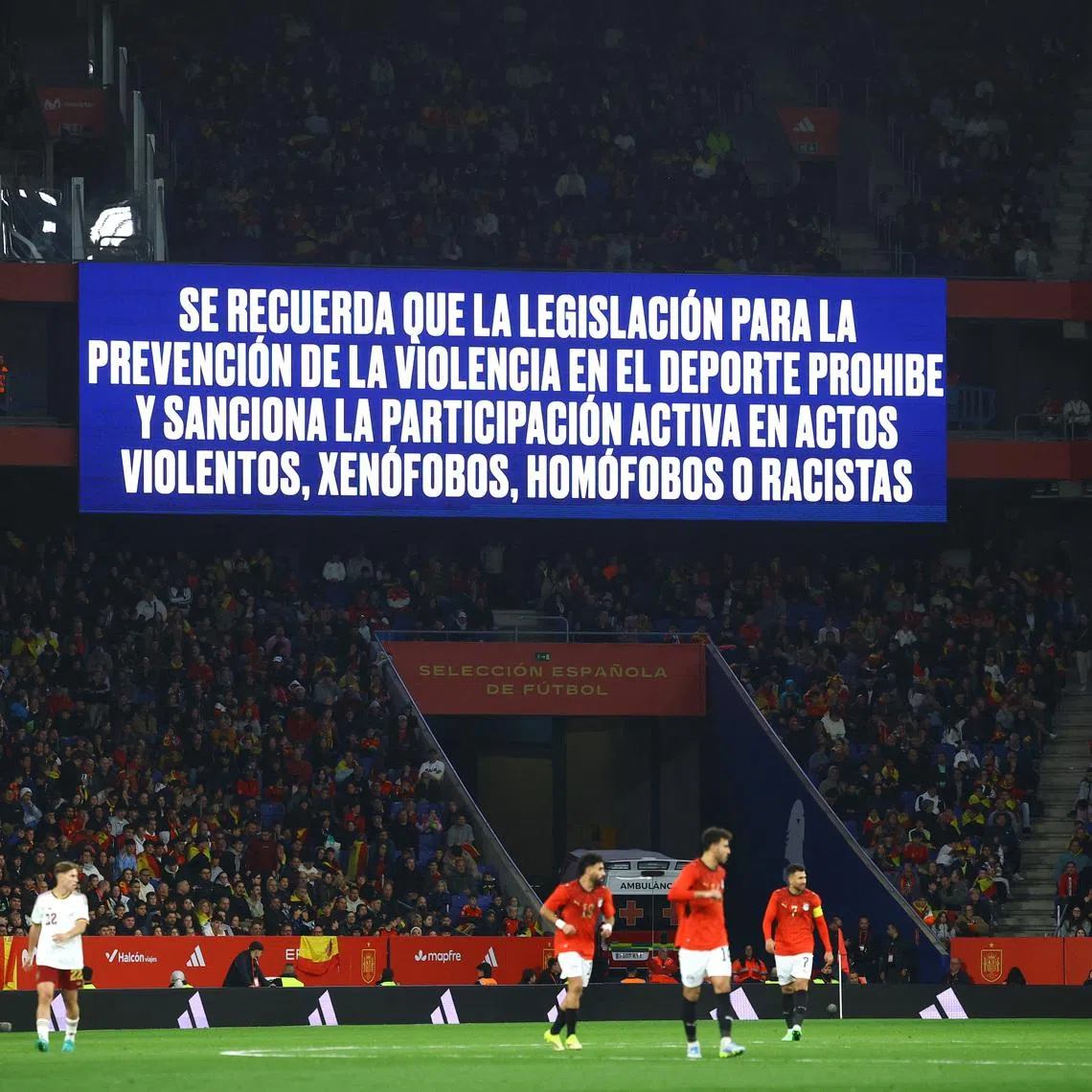 Soccer Football - International Friendly - Spain v Egypt - RCDE Stadium, Cornella de Llobregat, Spain - March 31, 2026 A big screen displays a anti discrimination message inside the stadium during the match REUTERS/Albert Gea