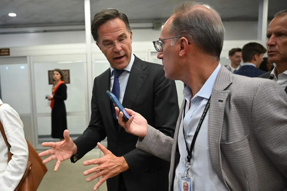 Nato Secretary-General Mark Rutte speaking to a reporter as he arrives to hold a press conference with US Senators in Washington, on July 15.