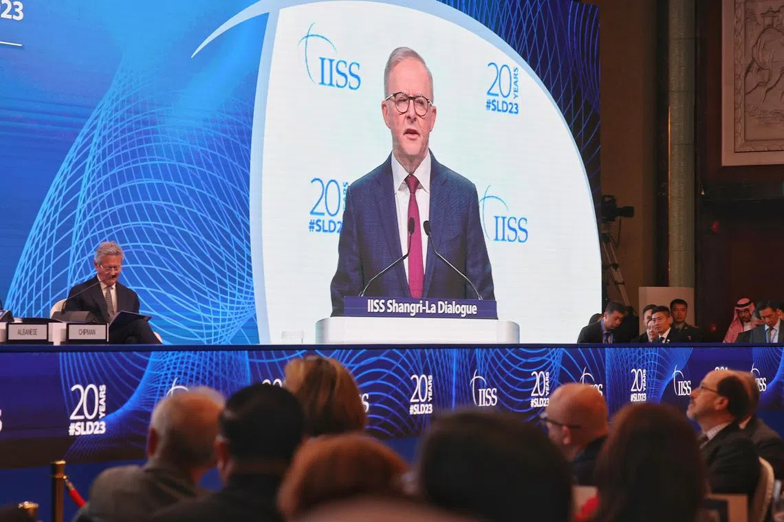 Australian PM Anthony Albanese seen on screen giving his speech at the opening of the Shangri-La Dialogue on June 2.