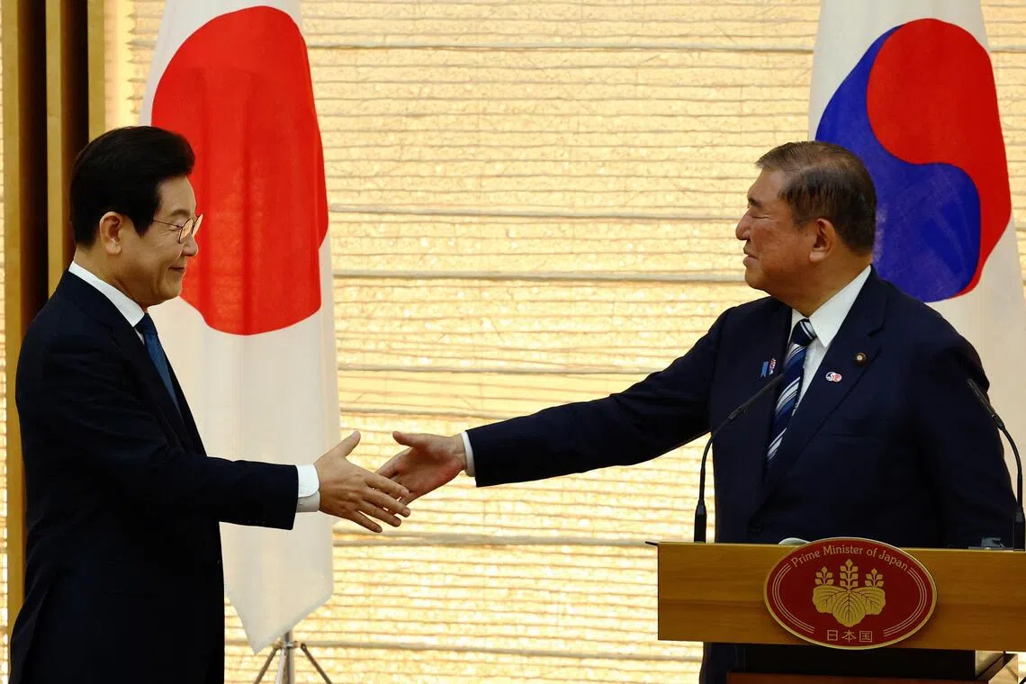 South Korean President Lee Jae Myung (left) and Japan’s Prime Minister Shigeru Ishiba (right), after their summit in Tokyo on Aug 23.