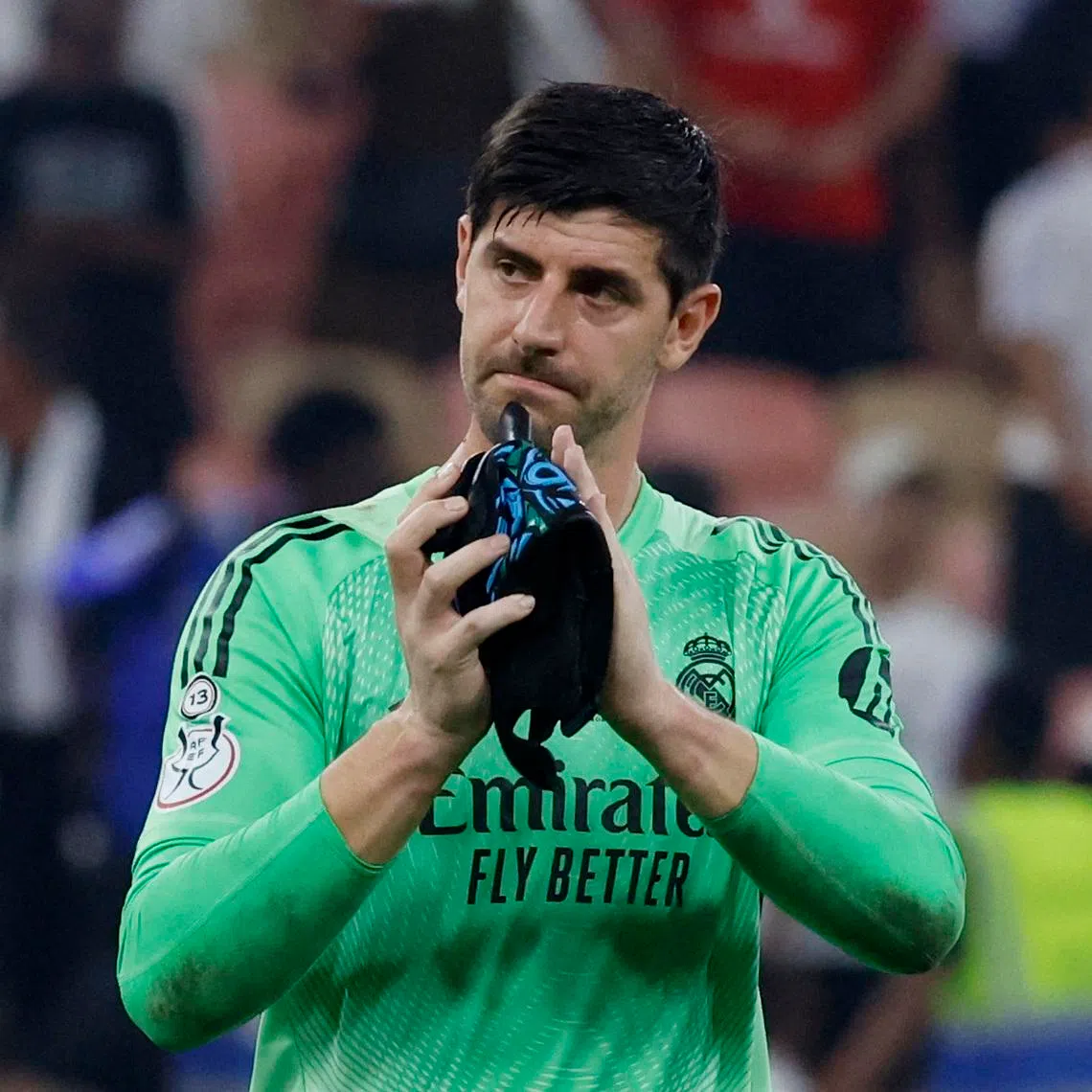 Soccer - Spanish Super Cup - Semi Final - Atletico Madrid v Real Madrid - King Abdullah Sports City, Jeddah, Saudi Arabia - January 8, 2026 Real Madrid's Thibaut Courtois celebrates after the match REUTERS/Vincent West/File Photo