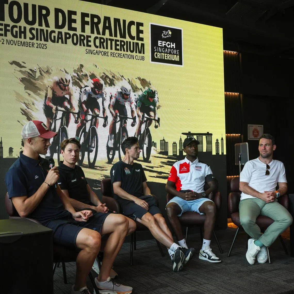 (From left) Cyclists Jonathan Milan, Jasper Philipsen, Primoz Roglic and Biniam Girmay, and ambassador Mark Cavendish at a media conference on Nov 1.