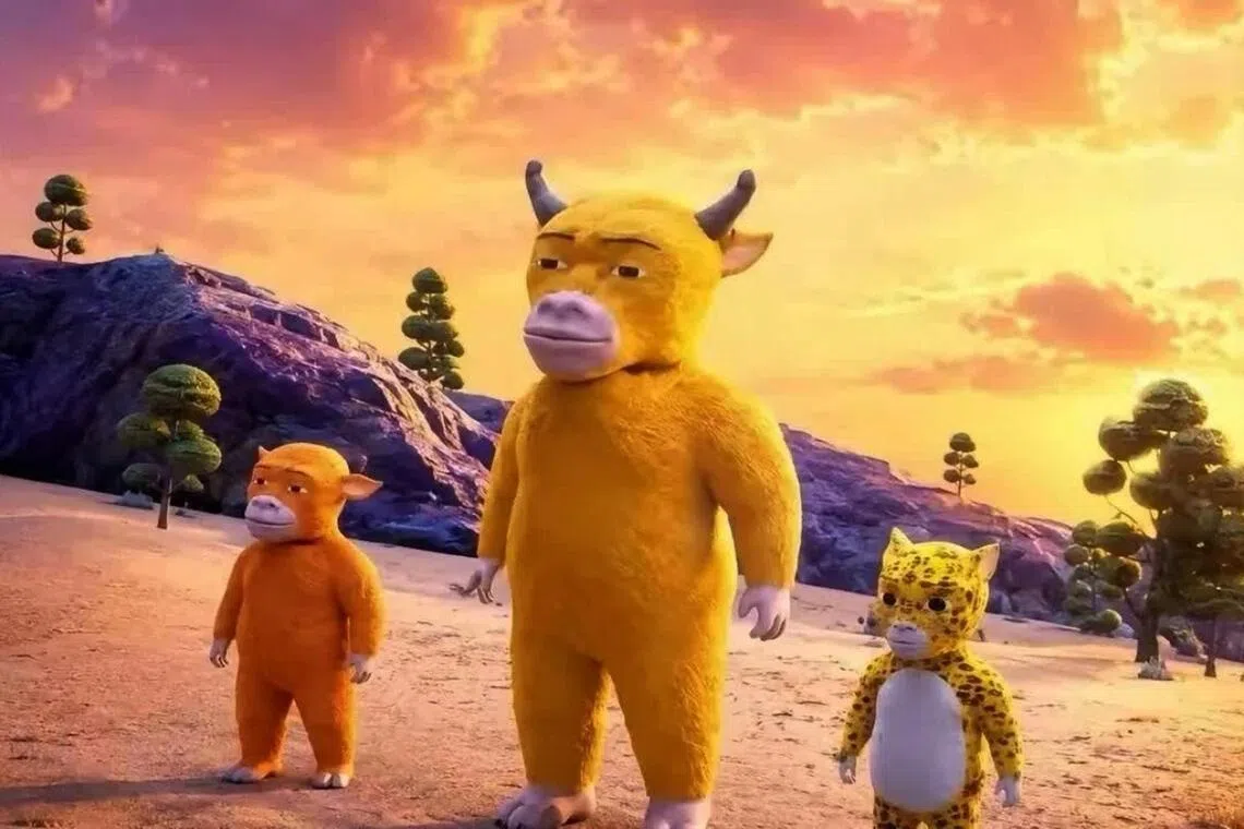 A scene from Chinese animated movie Niu Lai features (from left) a newborn calf named Niu Lai, his mother and an orphaned leopard named Bao La.