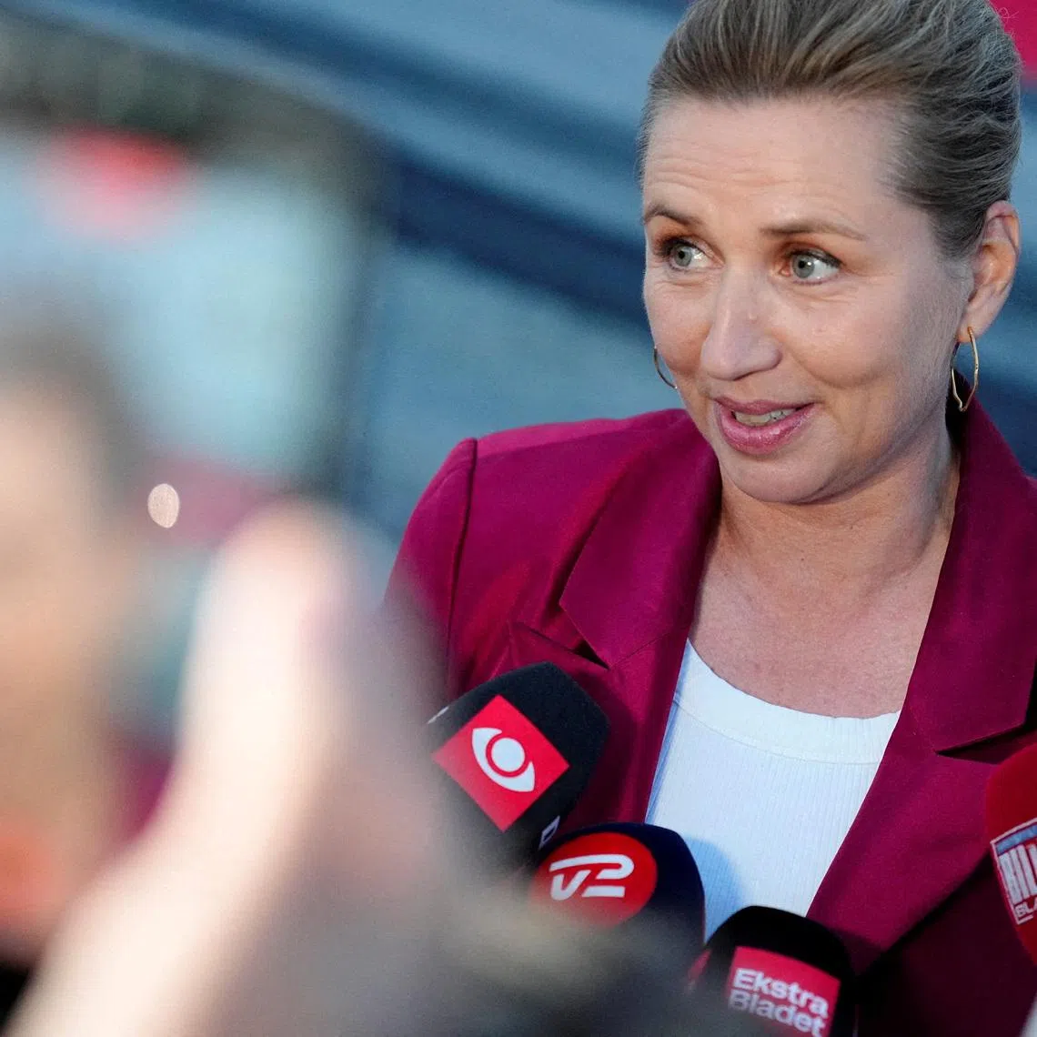 FILE PHOTO: Denmark's acting Prime Minister Mette Frederiksen speaks to the media near the royal yacht Dannebrog, docked at Odense Harbor, Denmark, June 1, 2026. Sebastian Elias Uth/Ritzau Scanpix/via REUTERS