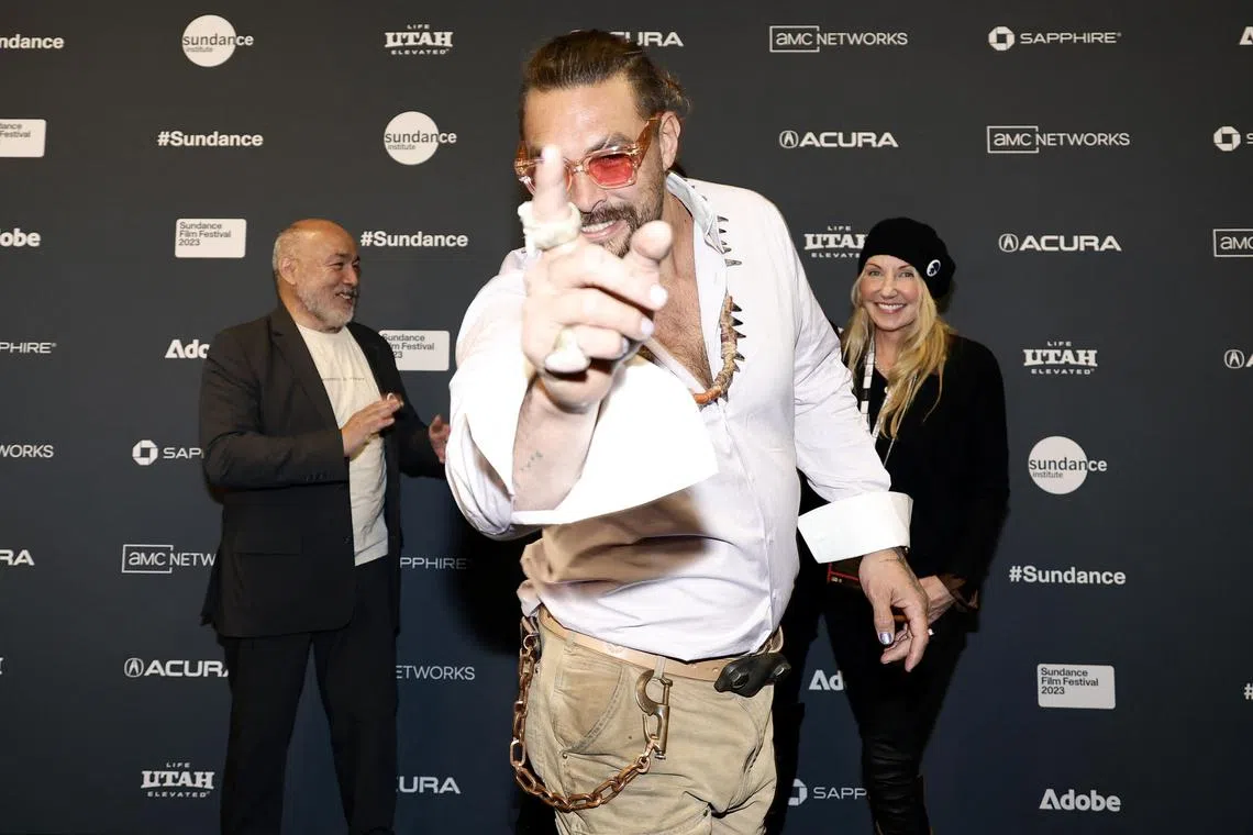 Jason Momoa (centre) attends the 2023 Sundance Film Festival Deep Rising premiere at The Ray Theatre on January 20, 2023 in Park City, Utah. 