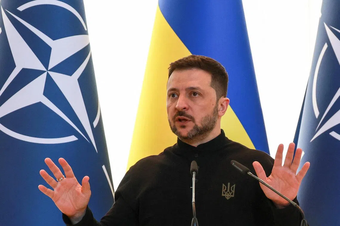 Ukrainian President Volodymyr Zelensky speaking during a joint press conference with Nato Secretary-General Mark Rutte, in Odesa, Ukraine, on April 15.