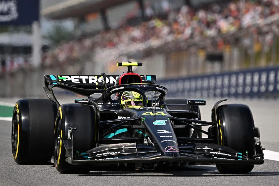 Mercedes' British driver Lewis Hamilton takes part in the second free practice session of the Spanish Formula One Grand Prix.