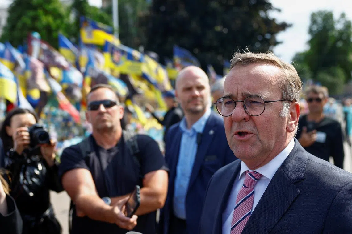 German Defence Minister Boris Pistorius speaks to the media as he visits a makeshift memorial for fallen Ukrainian defenders, amid Russia’s attack on Ukraine, at Independence Square in Kyiv, Ukraine June 12, 2025. REUTERS/Valentyn Ogirenko