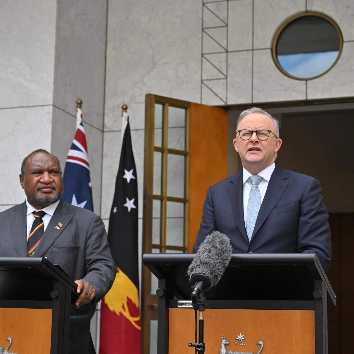 Australia's Prime Minister Anthony Albanese (right) and Papua New Guinea's Prime Minister James Marape (left) speak after signing a defence treaty at Parliament House in Canberra, Australia.