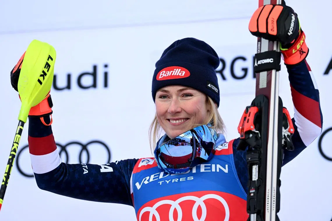 Alpine Skiing - FIS Alpine Ski World Cup - Women's Slalom - Gurgl, Austria - November 23, 2024 Mikaela Shiffrin of the U.S. celebrates on the podium after winning the women's slalom REUTERS/Angelika Warmuth/File Photo