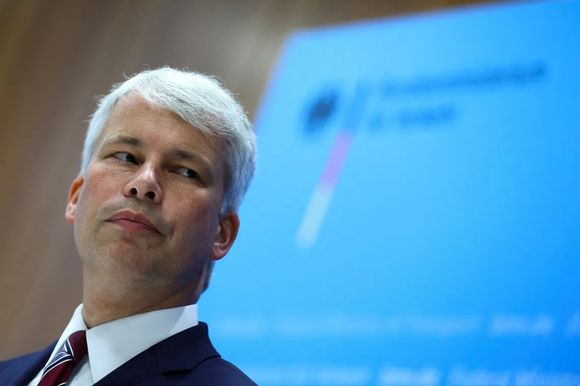 German Transport Minister Steffen Bilger looks on as he gives a statement following a meeting on the challenges posed by low water levels of the Rhine and other rivers, in Bonn, Germany, August 6, 2026. REUTERS/Thilo Schmuelgen