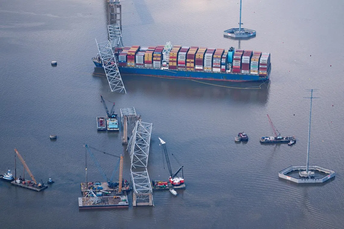 FILE PHOTO: View of the Dali cargo vessel which crashed into the Francis Scott Key Bridge causing it to collapse in Baltimore, Maryland, U.S., April 4, 2024. REUTERS/Nathan Howard/File Photo
