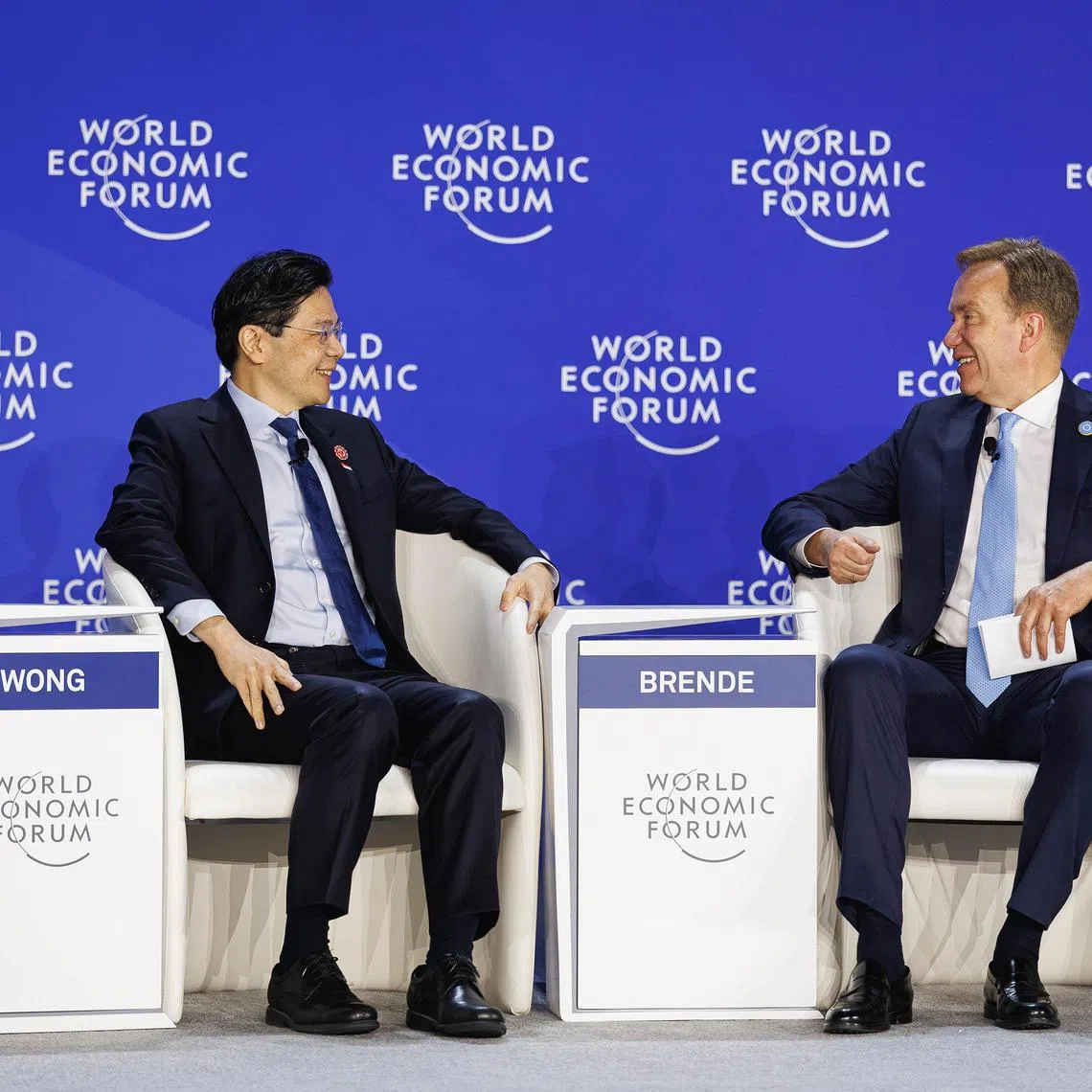 Prime Minister Lawrence Wong (left) and World Economic Forum (WEF) president Borge Brende at a WEF event in Tianjin, on June 25.