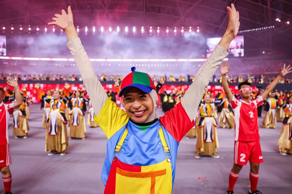 National athletes and para-athletes performing during the finale of National Day Parade 2026 at the National Stadium on Aug 9, 2026. ST PHOTO: BRIAN TEO