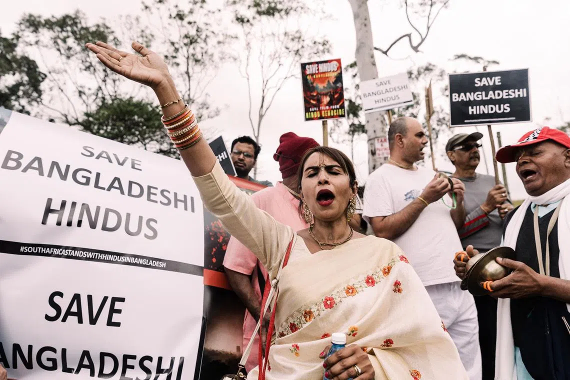 Members of the South African Hindu community protesting against violence targeting Bangladeshi Hindus and other minorities in Phoenix town, north of Durban, on Aug 11.