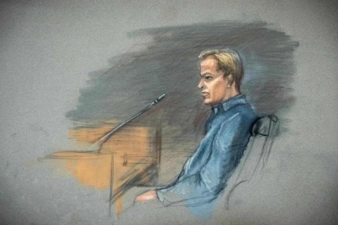 A court sketch shows Marius Borg Hoiby in the witness box in room 250 of the Oslo Courthouse in Norway on Feb 5, 2026. 