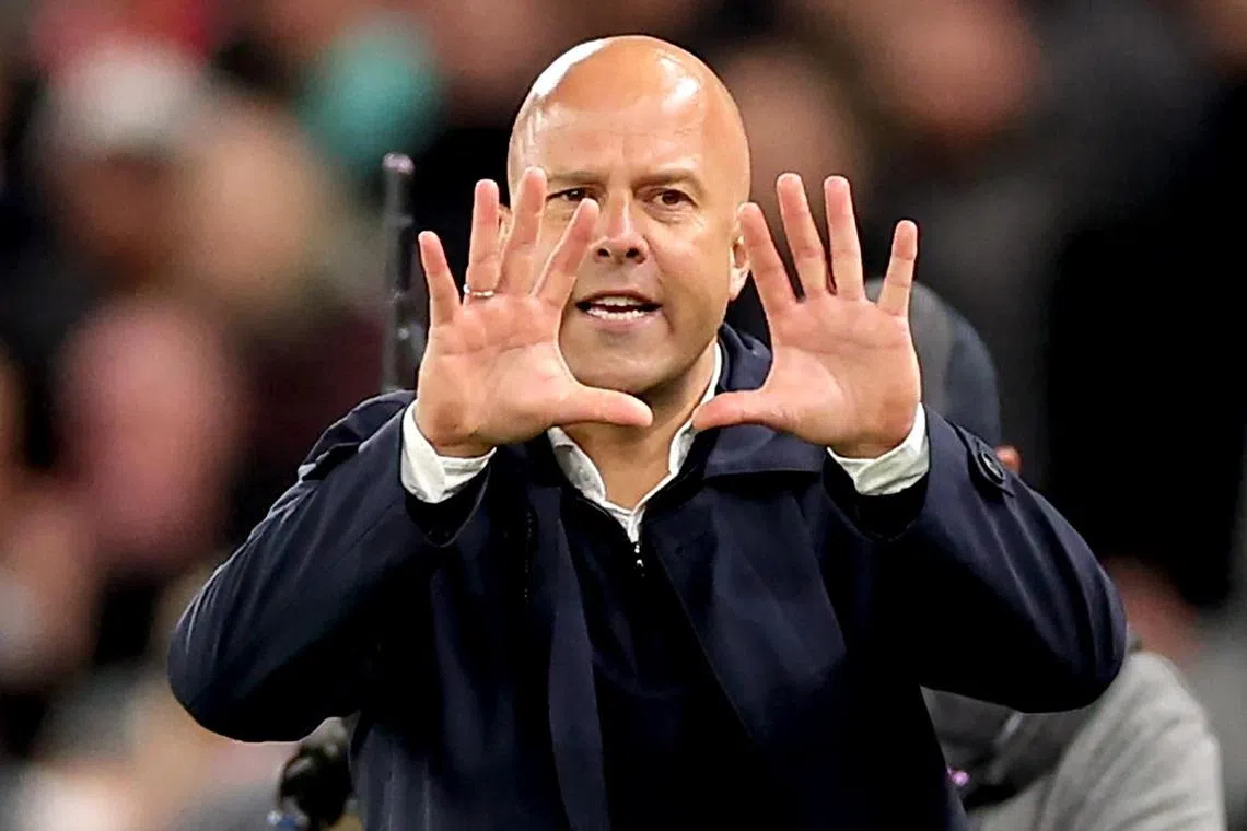 Liverpool manager Arne Slot gesturing on the touchline during the 1-0 English Premier League win over Everton on April 2 at Anfield.