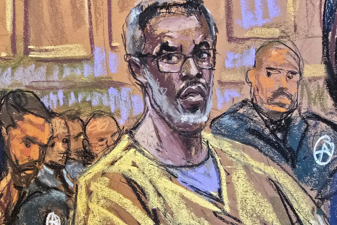 Sean \"Diddy\" Combs listens as lawyer Alexandra Shapiro (not seen) argues during a hearing over his bid to overturn his conviction on charges of transportation to engage in prostitution, at a courtroom in New York, U.S., September 25, 2025 in this courtroom sketch.   REUTERS/Jane Rosenberg