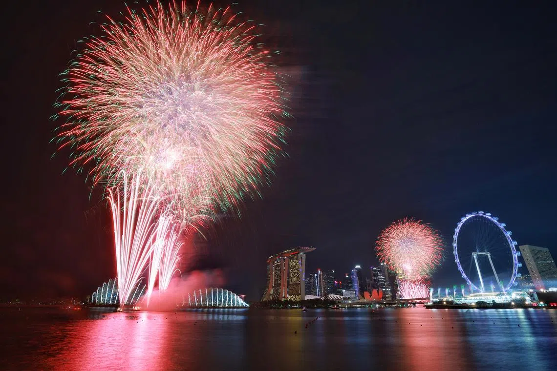 A display of fireworks at the end of the Formula One Singapore Airlines Singapore Grand Prix at Marina Bay street circuit as seen from Gardens by the Bay on Sept 17.