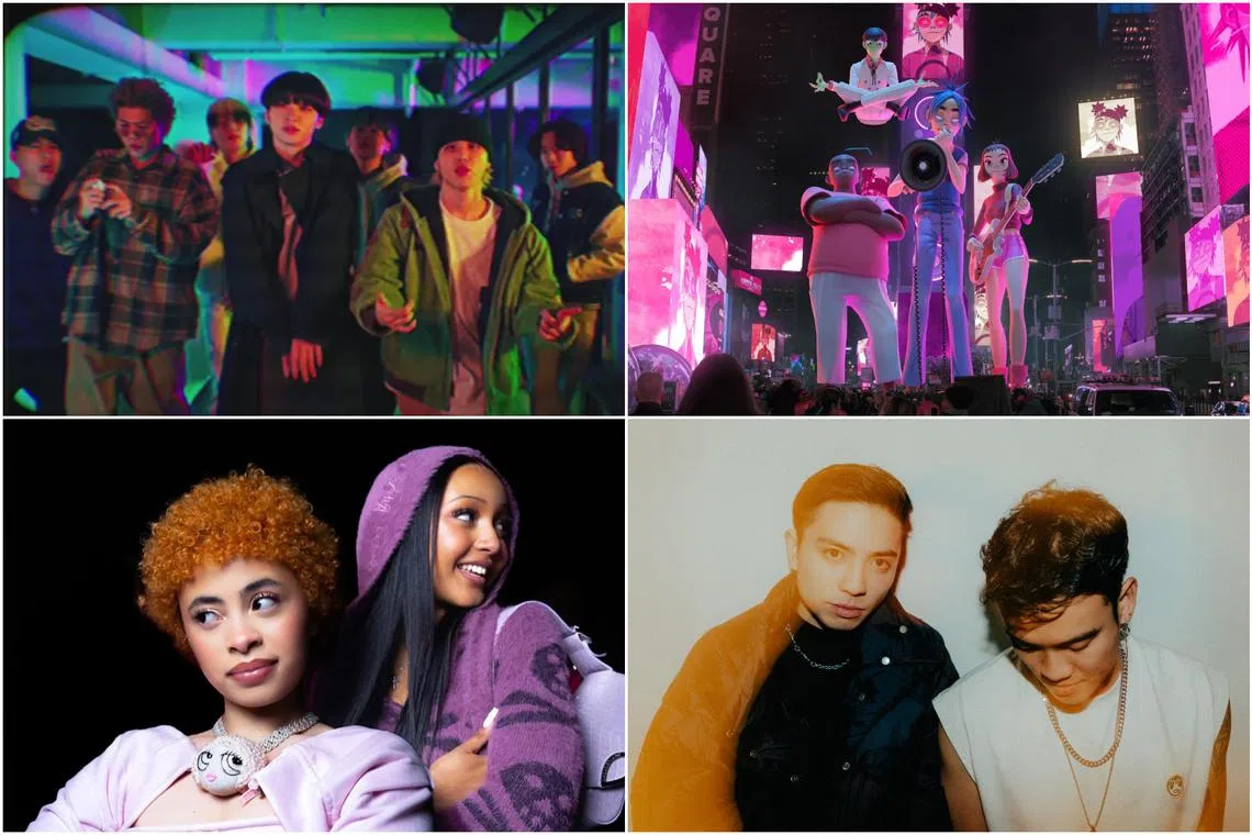 (Clockwise from top left) Boy band Be:First, virtual band Gorillaz, producers Myrne, Manila Killa, American rapper Ice Spice and British singer PinkPantheress.