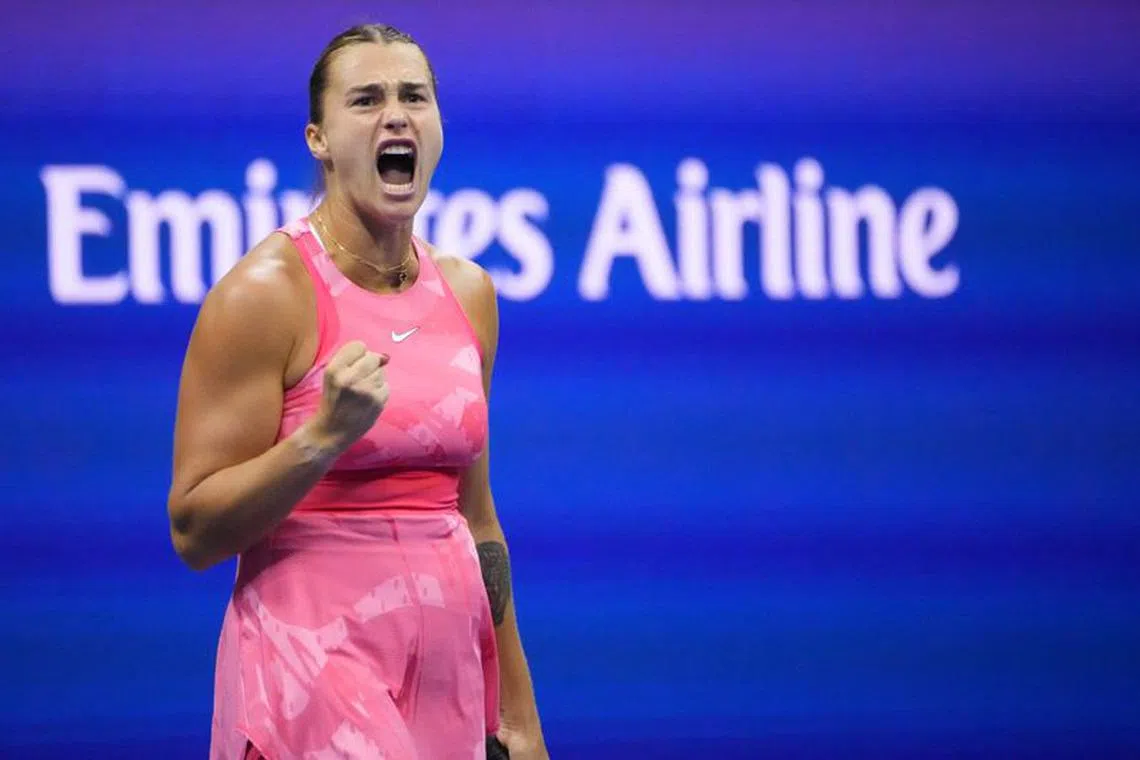 Sep 9, 2023; Flushing, NY, USA; Aryna Sabalenka reacts after winning a point against Coco Gauff of the United States (not pictured) in the women's singles final on day thirteen of the 2023 U.S. Open tennis tournament at USTA Billie Jean King Tennis Center. Mandatory Credit: Robert Deutsch-USA TODAY Sports/File Photo