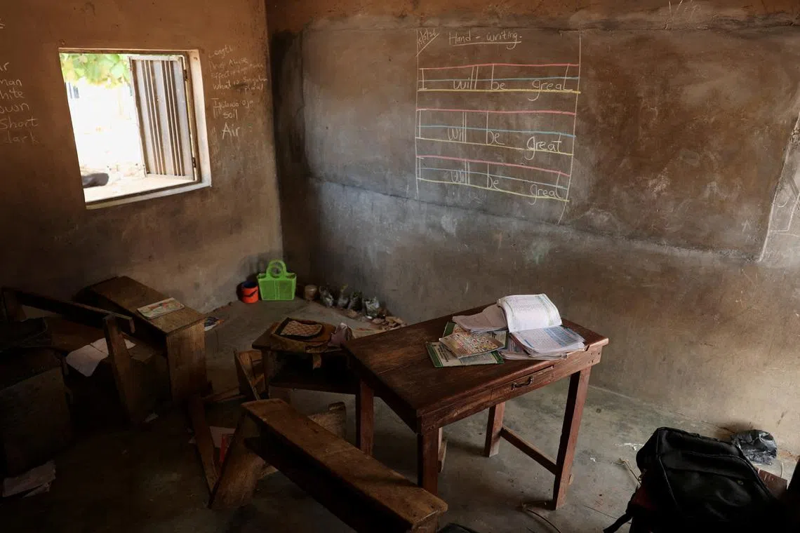 School items belonging to abducted students of Baptist Nursery and Primary School sit inside an empty classroom in Oyo State, Nigeria, June 2, 2026. REUTERS/Sodiq Adelakun
