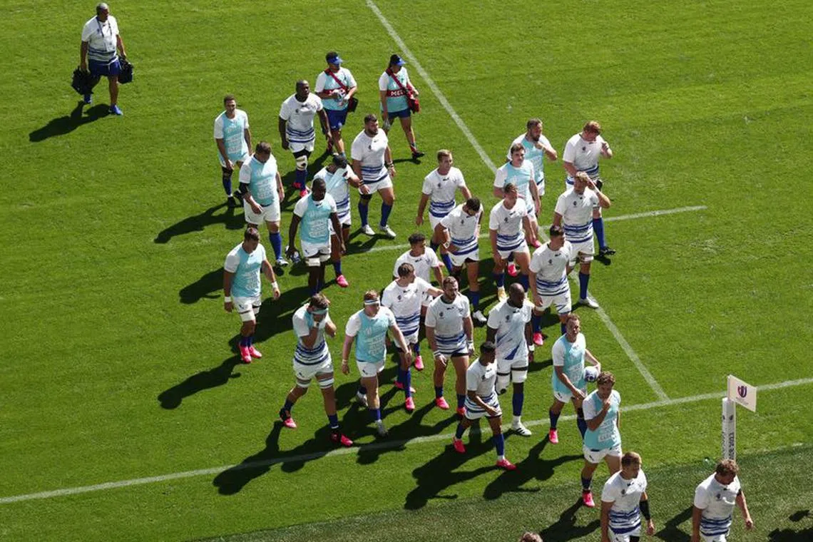 FILE PHOTO: Rugby Union - Rugby World Cup 2023 - Pool A - Italy v Namibia - Stade Geoffroy-Guichard, Saint-Etienne, France - September 9, 2023 Namibia players during the warm up before the match REUTERS/Gonzalo Fuentes/File Photo
