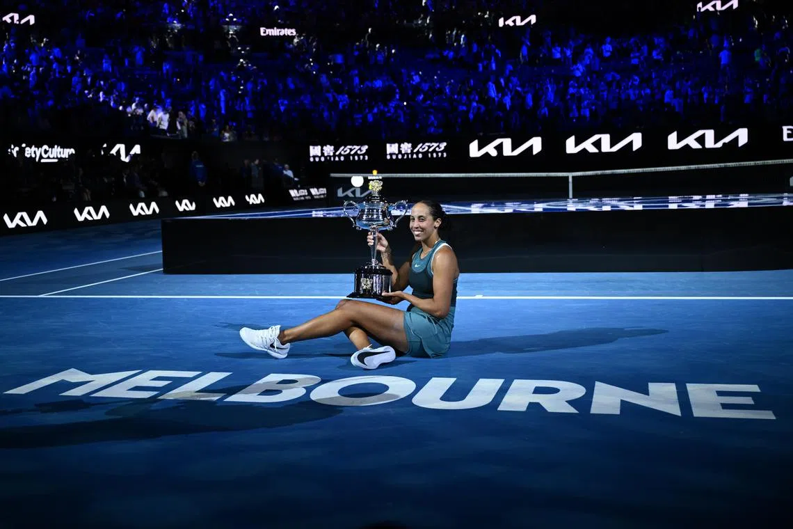 Madison Keys of USA poses with the Daphne Akhurst Memorial Cup after winning the women's singles title at the Australian Open.