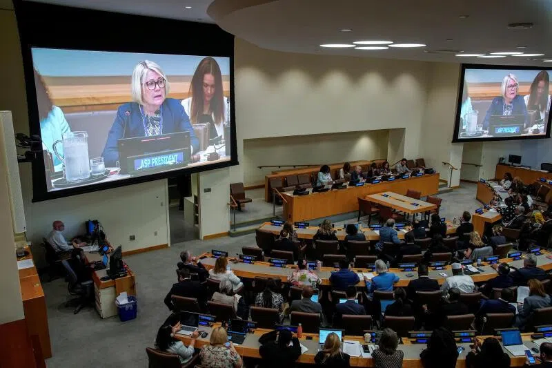ICC Assembly of States Parties President Paivi Kaukoranta addresses delegates at UN headquarters in New York on July 24, before a vote on whether to fire chief prosecutor Karim Khan.