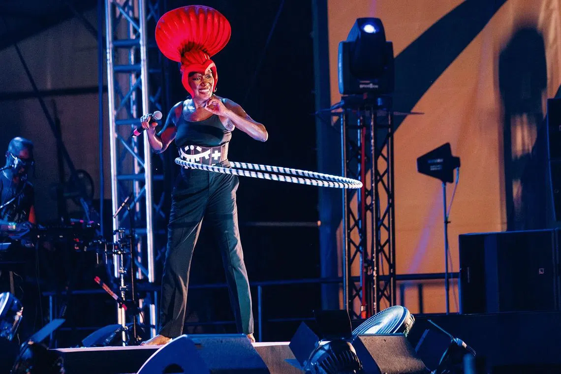 Grace Jones dominated the stage with elaborate costumes and husky vocals at the inaugural Ombak Festival.