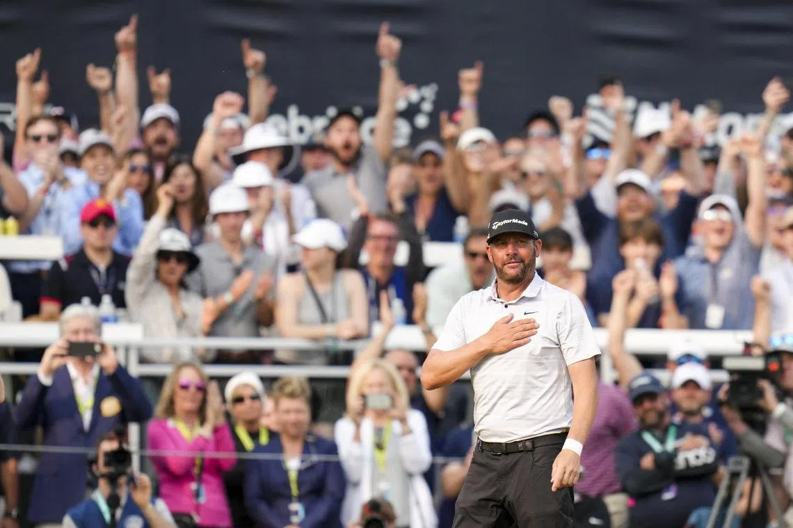 Michael Block acknowledges his adoring fans on the 18th green during the final round of the PGA Championship golf tournament.
