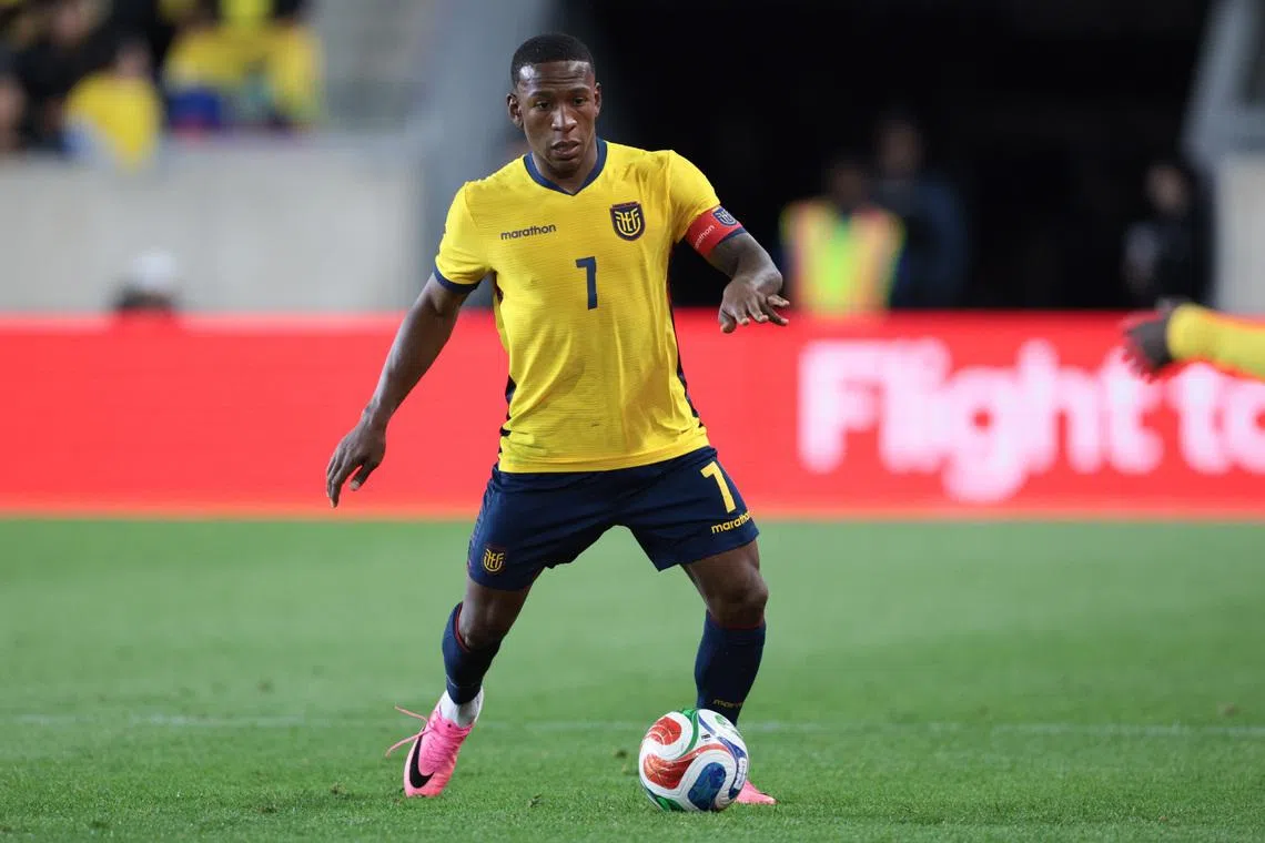 May 30, 2026; Harrison, New Jersey, USA; Ecuador defender Pervis Estupinan (7) in action against Saudi Arabia during the second half of an international friendly at Sports Illustrated Stadium. Mandatory Credit: Vincent Carchietta-Imagn Images