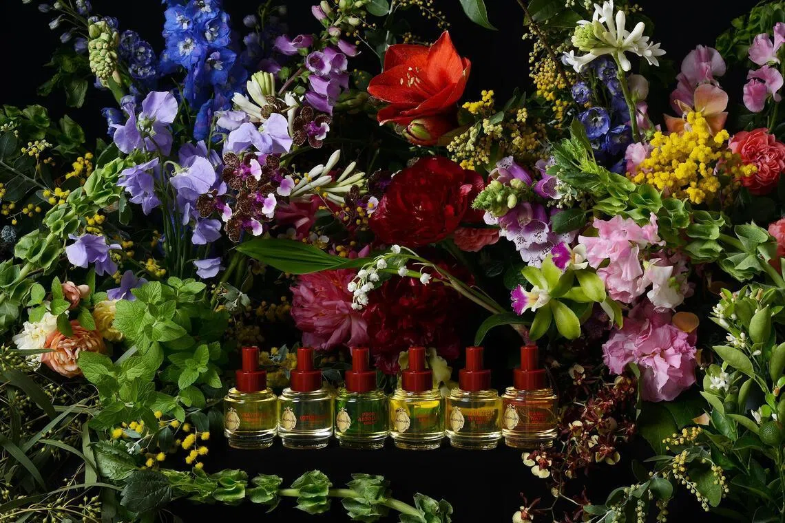 The Botanical Rhapsody collection features six signature fragrances, presented as perfume oils.