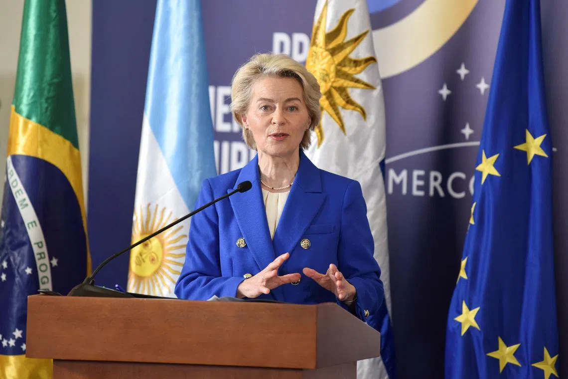 European Commission President Ursula von der Leyen speaks during a press conference with Uruguay's president at the Mercosur Summit in Montevideo, Uruguay December 6, 2024. REUTERS/Martin Varela Umpierrez