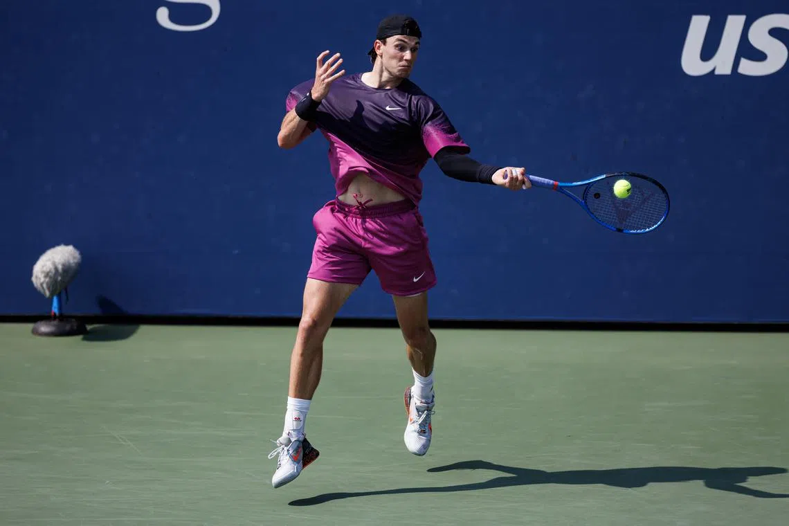 Aug 27, 2024; Flushing, NY, USA; Jack Draper of Great Britain in action against Zhizhen Zhang of China in the first round of the men’s singles in the US Open at the USTA Billie Jean King Tennis Center. Mandatory Credit: Mike Frey-USA TODAY Sports/ File Photo