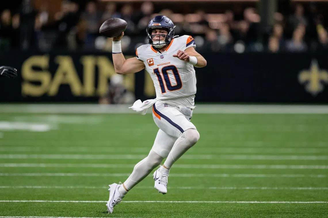 FILE PHOTO: Oct 17, 2024; New Orleans, Louisiana, USA; Denver Broncos quarterback Bo Nix (10) throws during the first quarter against the New Orleans Saints at Caesars Superdome. Mandatory Credit: Matthew Hinton-Imagn Images/File Photo