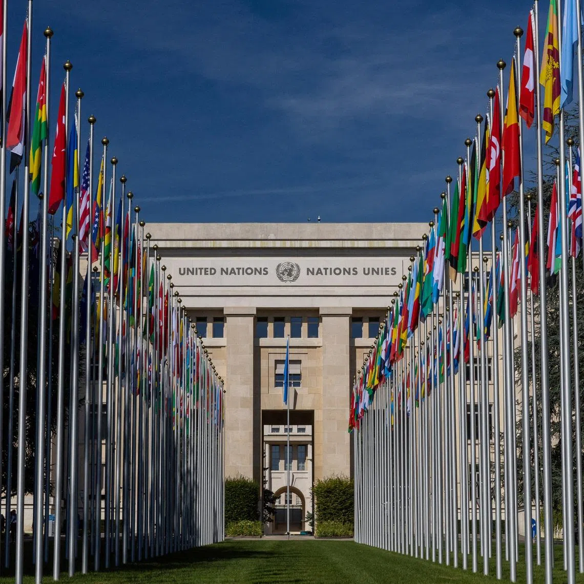 FILE PHOTO: The flag alley at the United Nations European headquarters is seen during the Human Rights Council in Geneva, Switzerland, September 11, 2023.  REUTERS/Denis Balibouse/File Photo