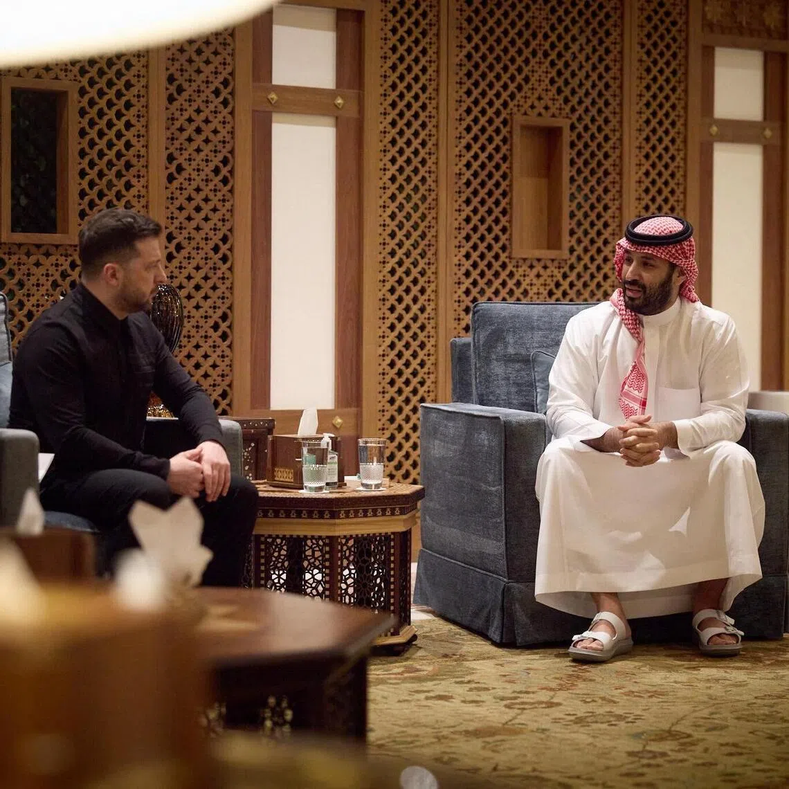 Ukrainian President Volodymyr Zelensky (left) and Saudi Arabia’s Crown Prince Mohammed bin Salman meeting in Jeddah, on on March 27, 2026.