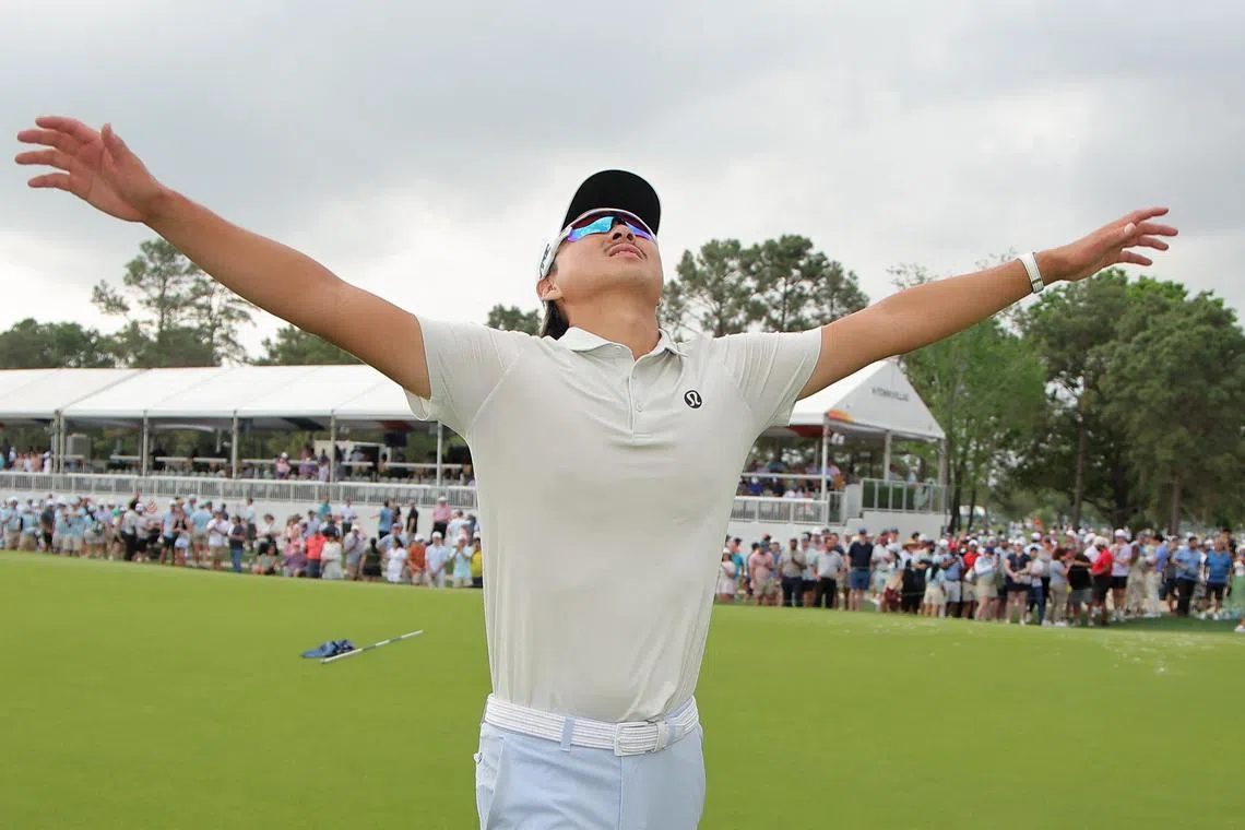 Min Woo Lee of Australia celebrates after winning the Houston Open, his first title on the PGA Tour.
