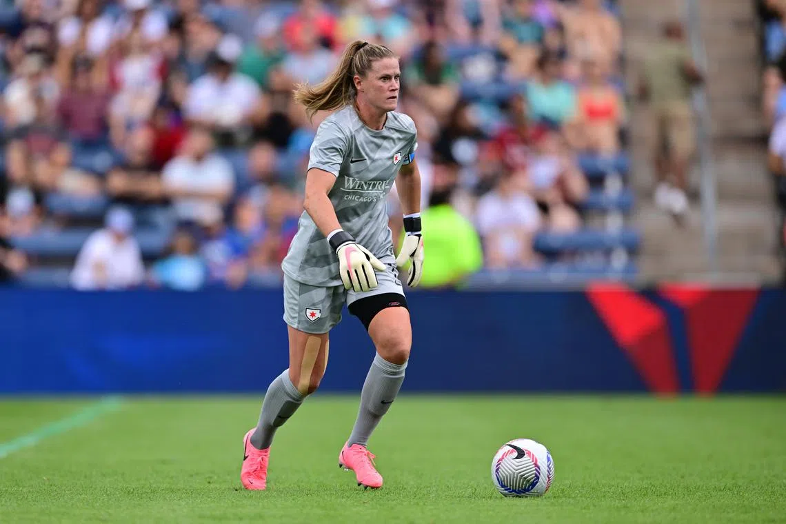 FILE PHOTO: Jul 6, 2024; Bridgeview, Illinois, USA; Chicago Red Stars goalkeeper Alyssa Naeher (1) kicks the ball in to play against the Houston Dash during the first half at SeatGeek Stadium. Mandatory Credit: Daniel Bartel-USA TODAY Sports