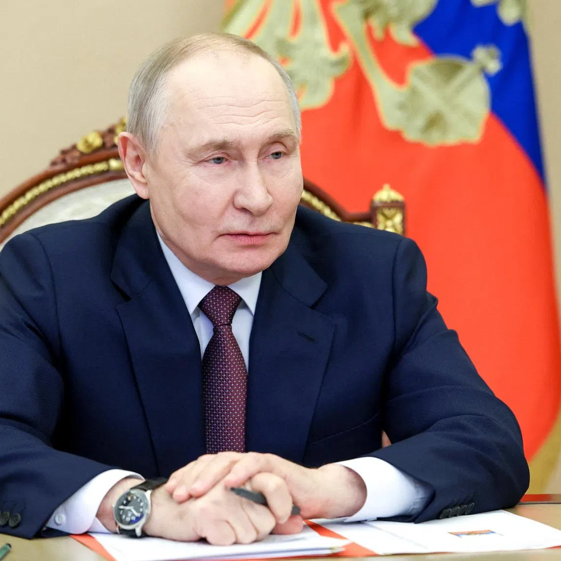 Russia's President Vladimir Putin chairs a meeting with the Security Council's permanent members via a video link in Moscow, Russia, January 21, 2026. Sputnik/Vyacheslav Prokofyev/Pool via REUTERS