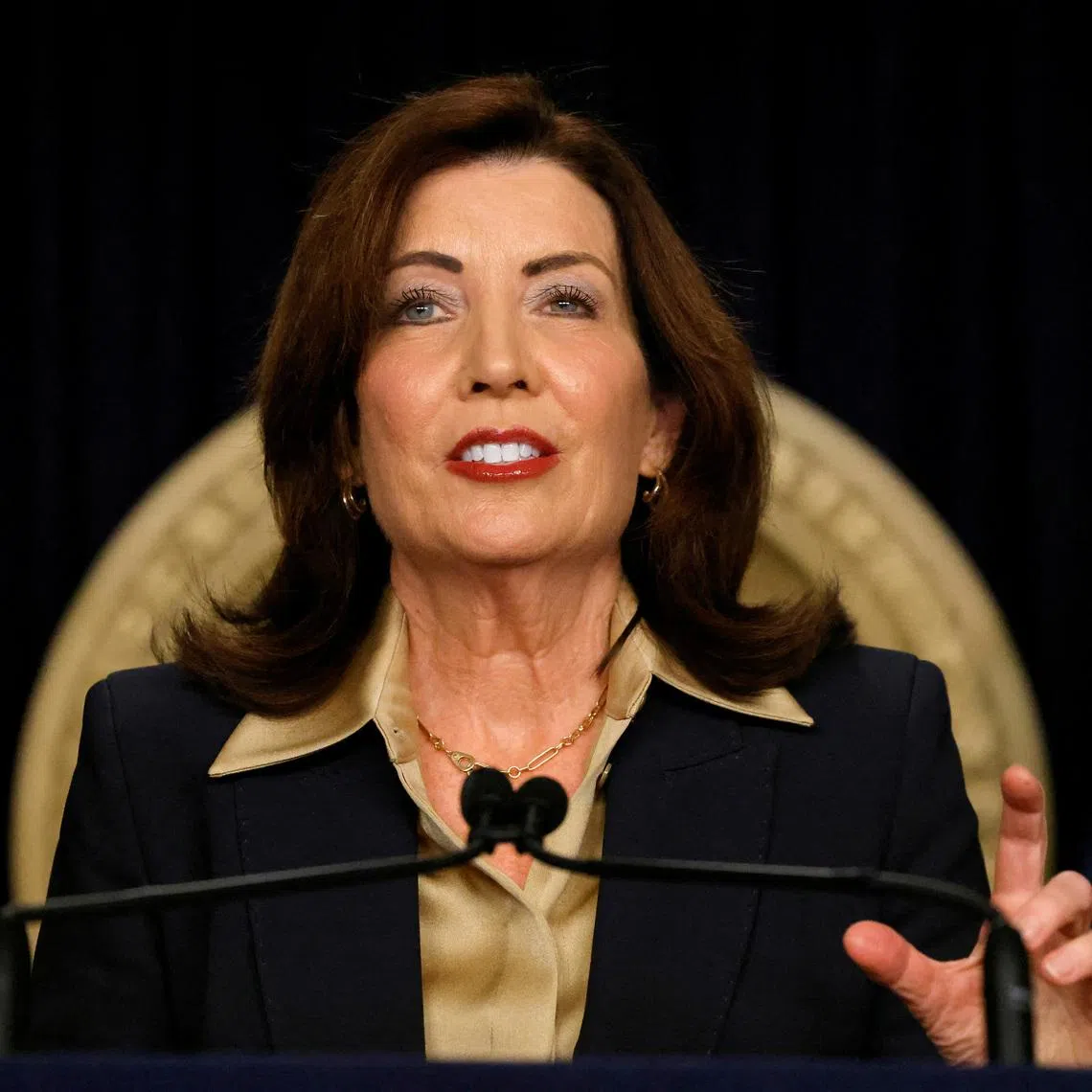 New York Governor Kathy Hochul speaks at a press conference in Manhattan in New York City, U.S., February 20, 2025. REUTERS/Brendan McDermid